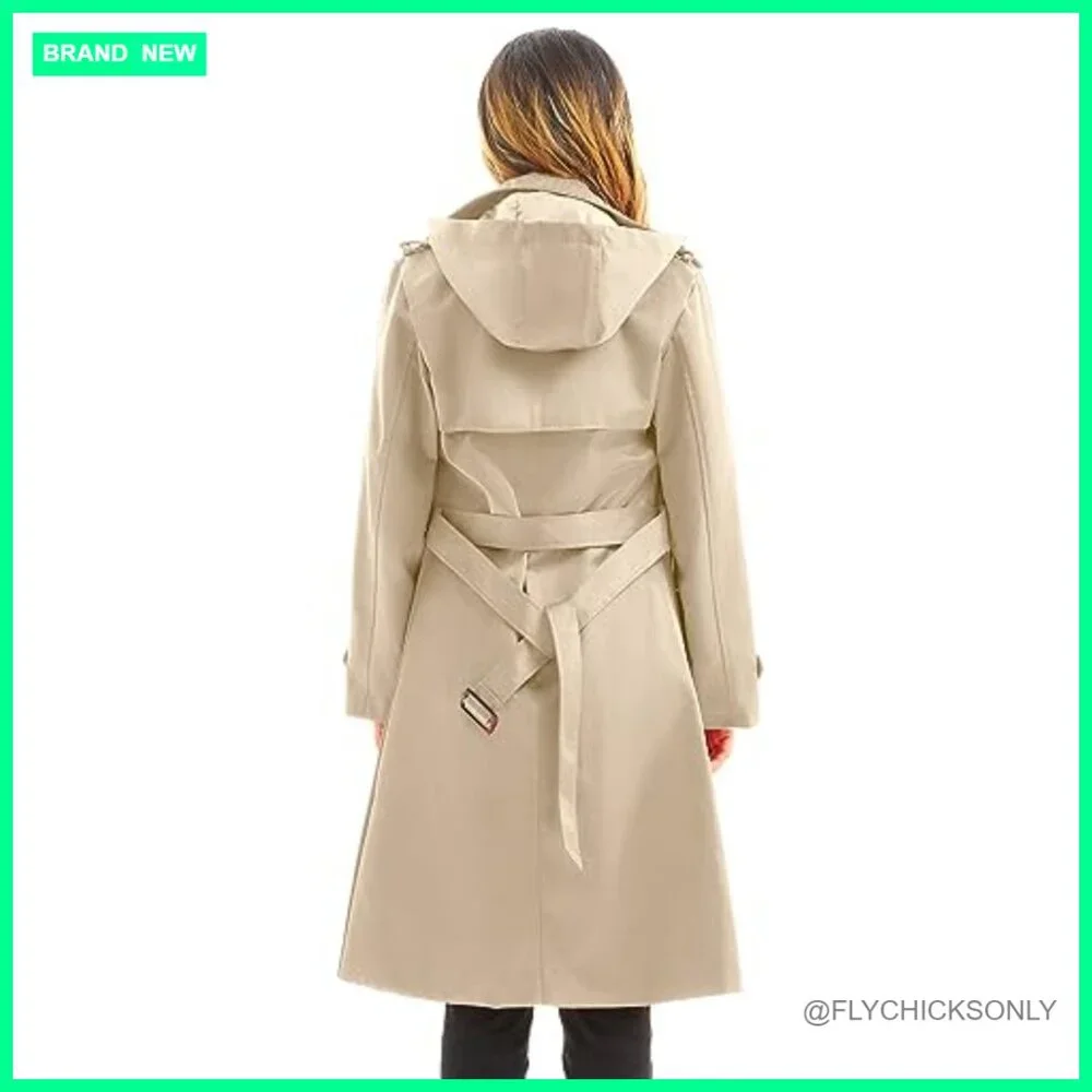 Waterproof Long Trench Coat Double Breasted Windbreaker with Detachable Hood - Picture 2 of 6